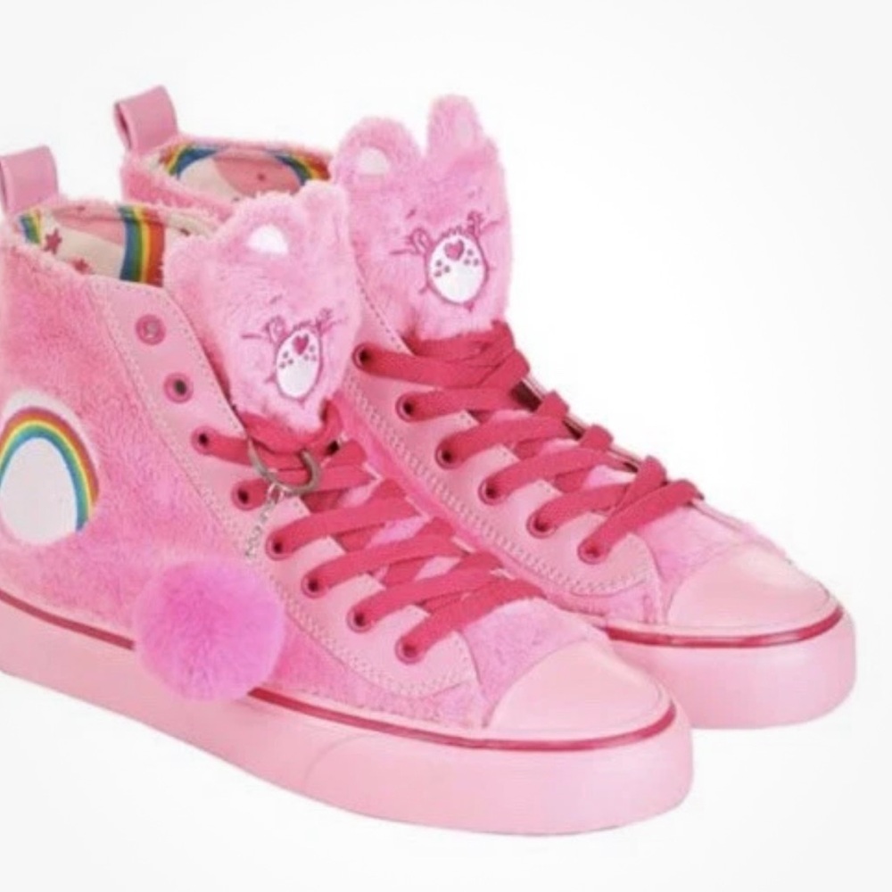 Pink Furry High-Top Sneakers with Rainbow Detail